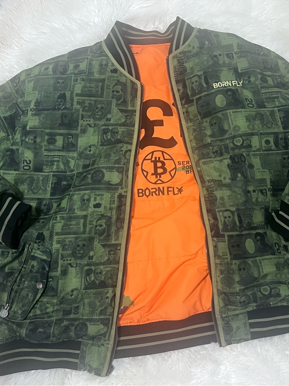 5XL Men’s Green Money-Print Bomber Jacket with Orange Lining